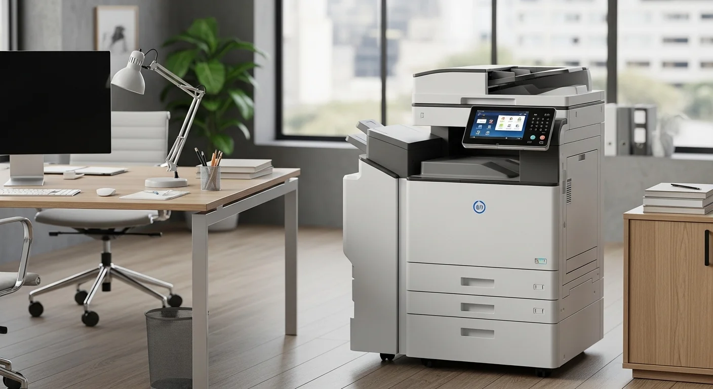 Una impresora multifuncional moderna en un entorno de oficina luminoso, simbolizando la eficiencia de la renta de impresoras.