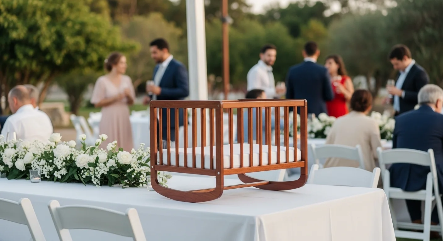 Una periquera de madera de estilo moderno colocada en una mesa durante una recepción de boda al aire libre, mostrando la integración elegante del mobiliario infantil.