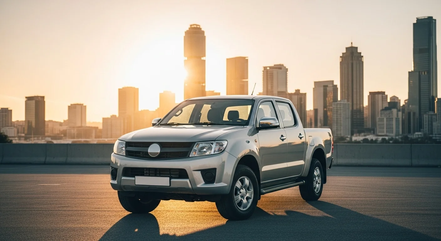 Una camioneta pick-up plateada de alquiler, limpia y estacionada frente a un paisaje urbano, lista para ser utilizada en una mudanza o proyecto.