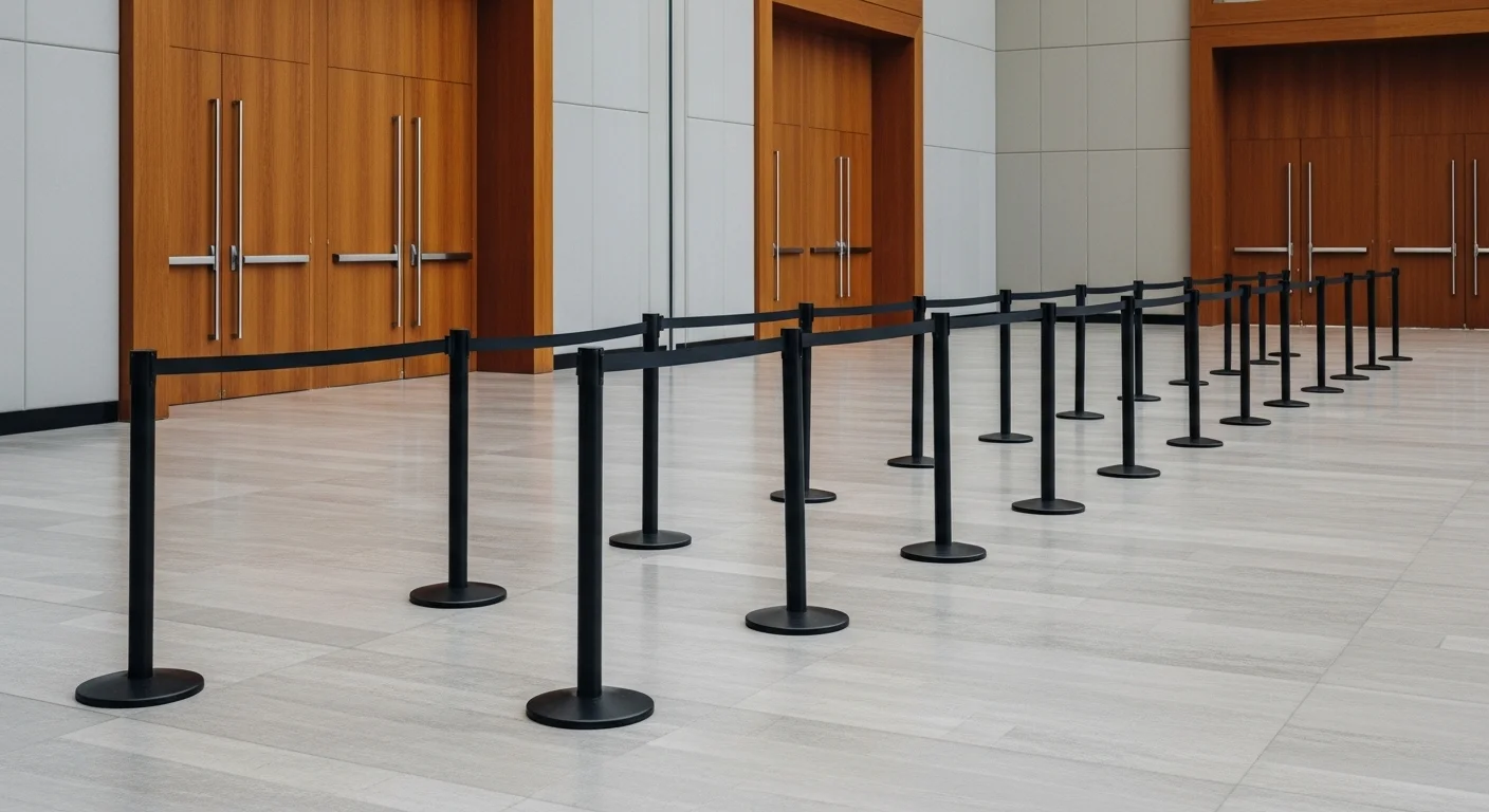 Fila de postes delimitadores de cinta retráctil negros en la entrada de una conferencia moderna, mostrando orden y profesionalismo.
