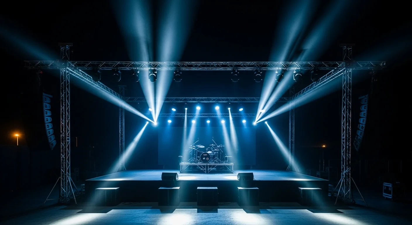 Imponente templete modular con estructura de trussing y luces robóticas durante la renta para un concierto nocturno.