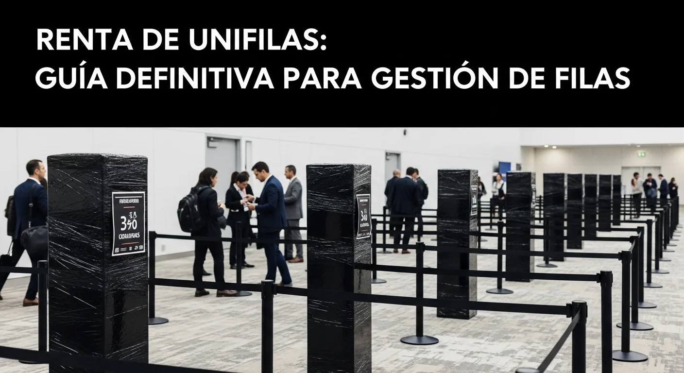 Una fila de unifilas de cinta retráctil negra organizando el área de registro en una concurrida conferencia corporativa.