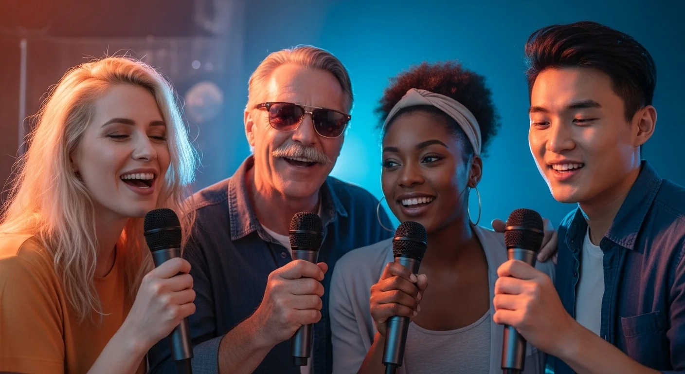 Grupo de amigos cantando con entusiasmo en una fiesta utilizando equipo de karaoke profesional rentado.