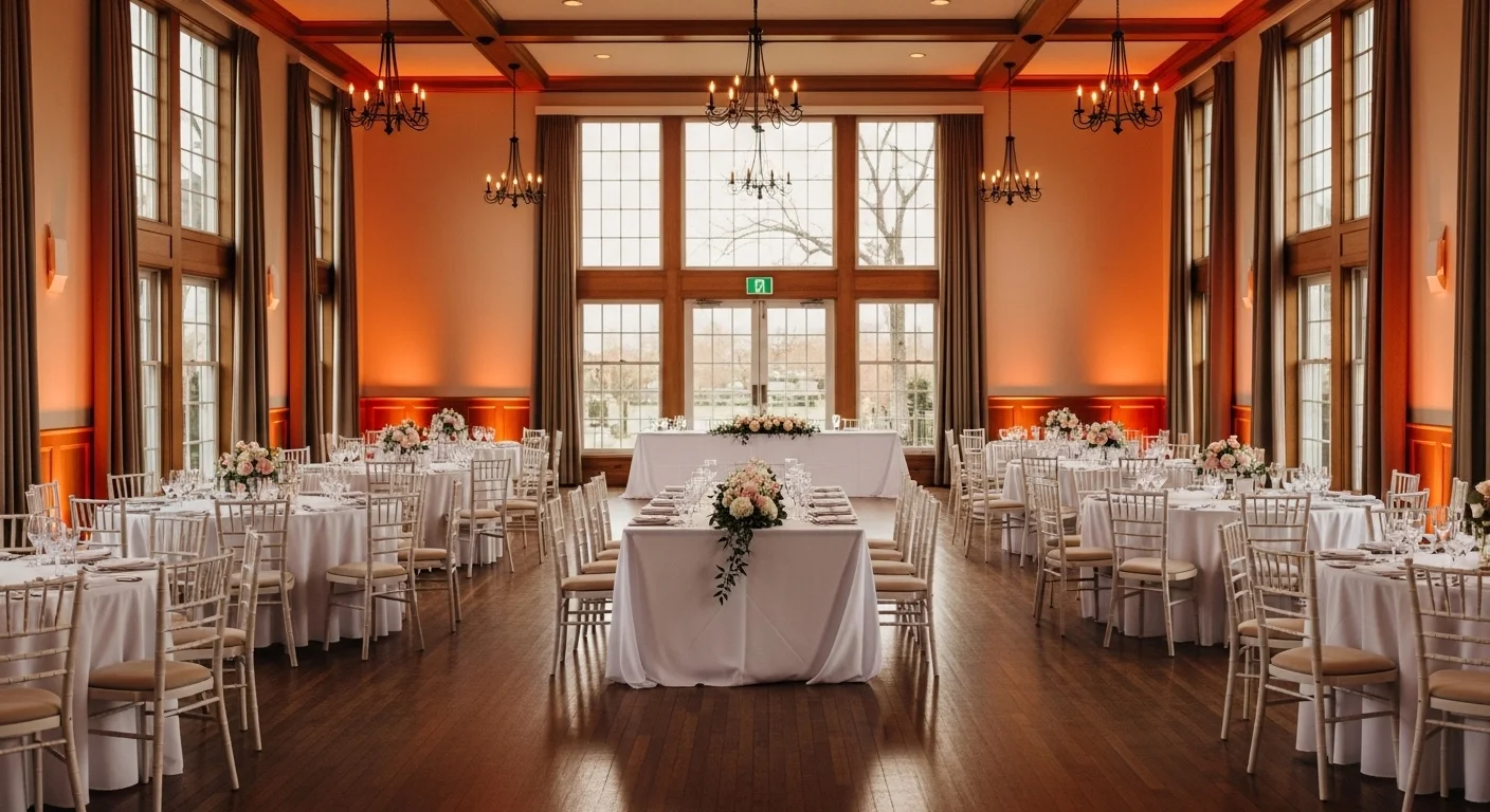 Salón de bodas elegantemente decorado con iluminación ambiental cálida y uplighting en tonos ámbar sobre las paredes.
