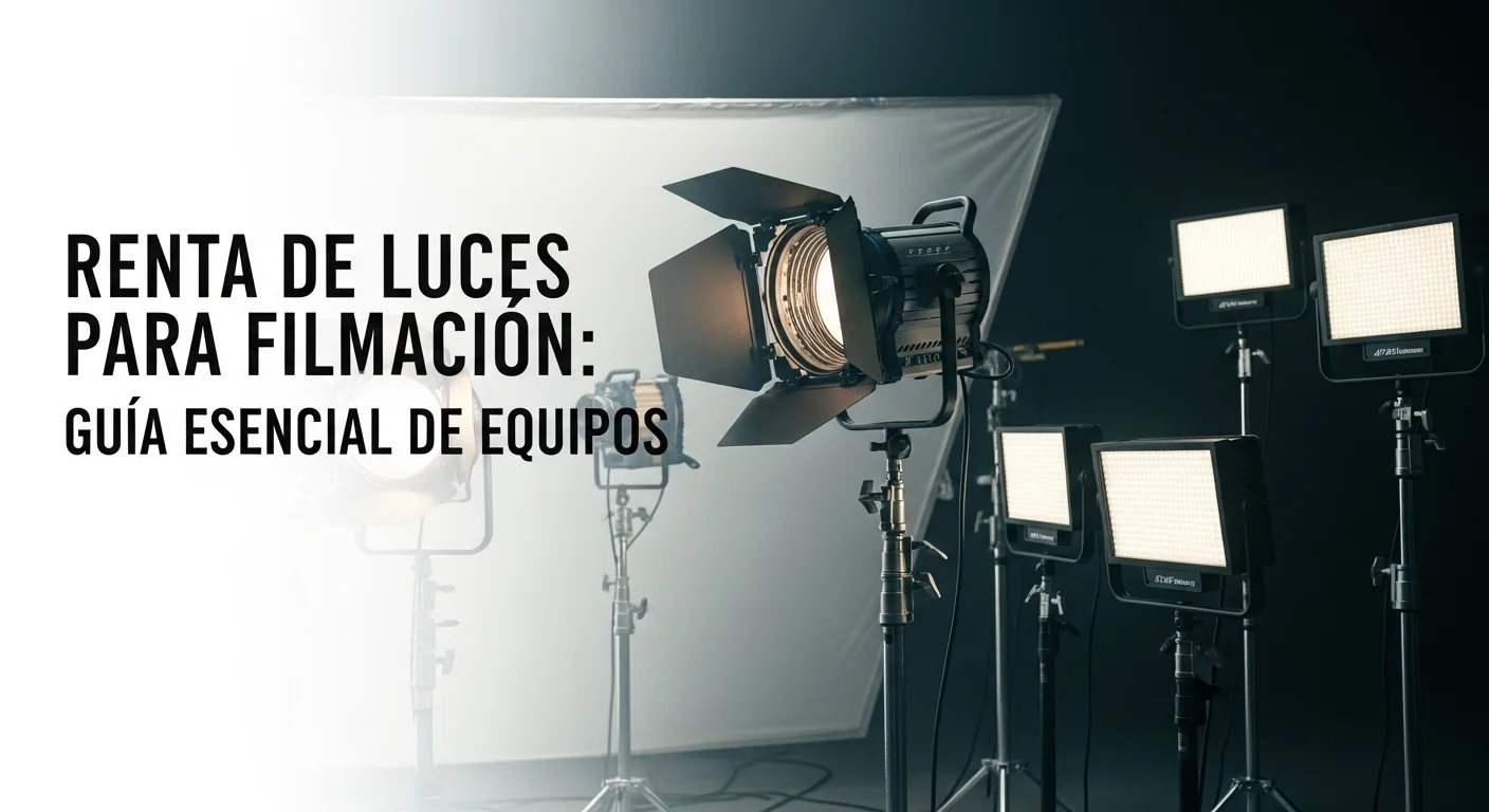 Set de filmación profesional con diversas luces y equipo de iluminación en renta, incluyendo un fresnel y paneles LED.