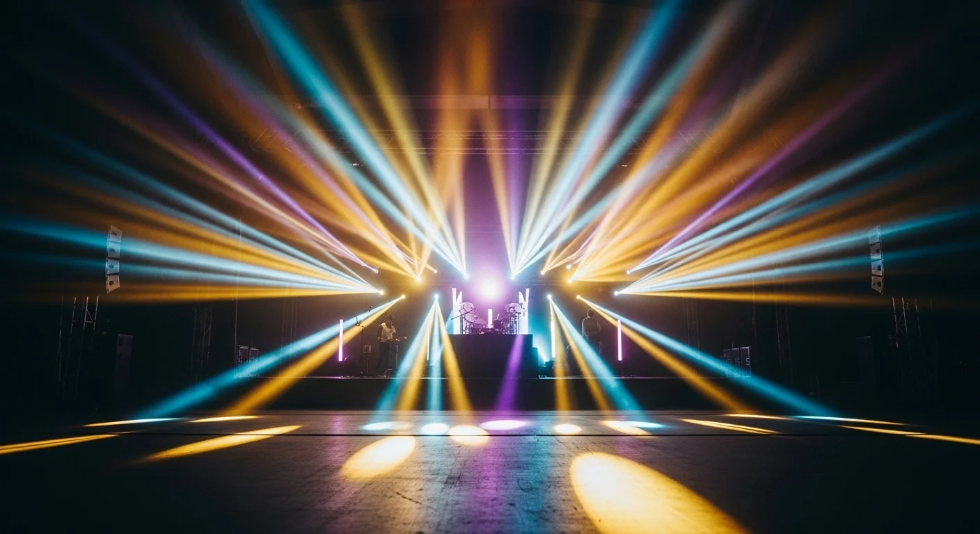 Escenario de un concierto iluminado con múltiples luces robóticas tipo Beam y Spot, creando haces de luz de colores en el aire y sobre el escenario.