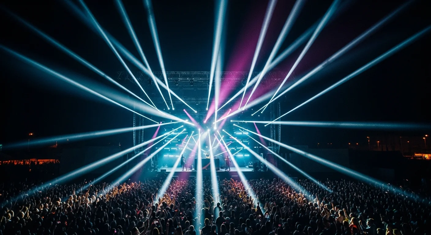 Impresionante montaje de luces robóticas tipo beam y spot en un concierto, creando efectos aéreos y de color.