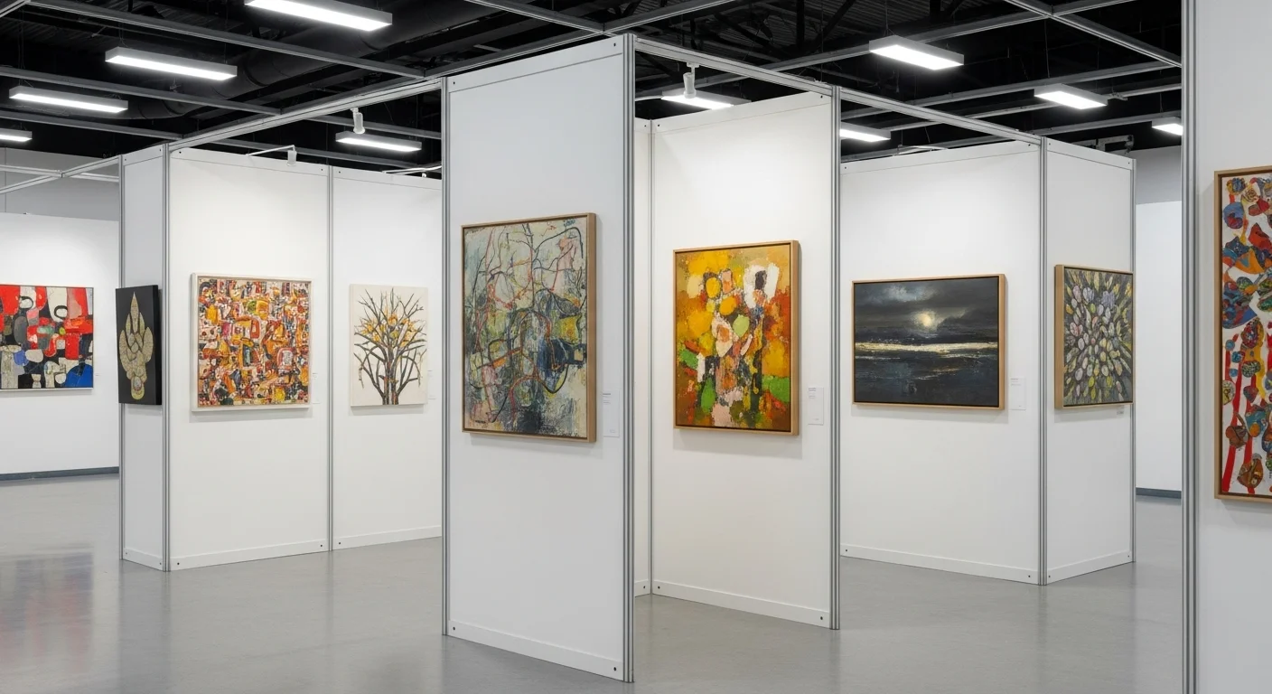 Mamparas blancas en una galería de arte con cuadros colgados, mostrando una instalación limpia y profesional para una exposición.