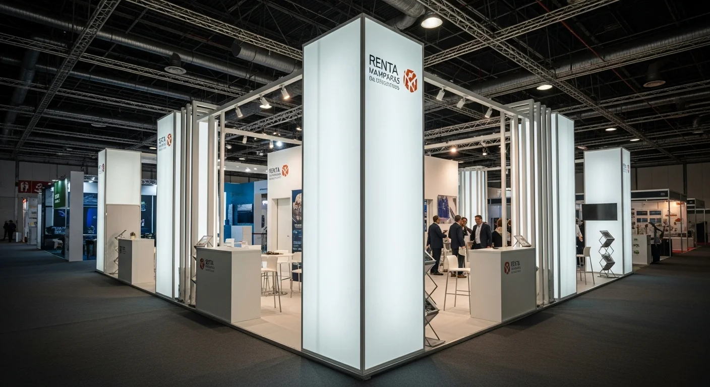 Stand moderno y luminoso en una exposición, mostrando el uso efectivo de mamparas de tela retroiluminadas y un diseño abierto para atraer visitantes.