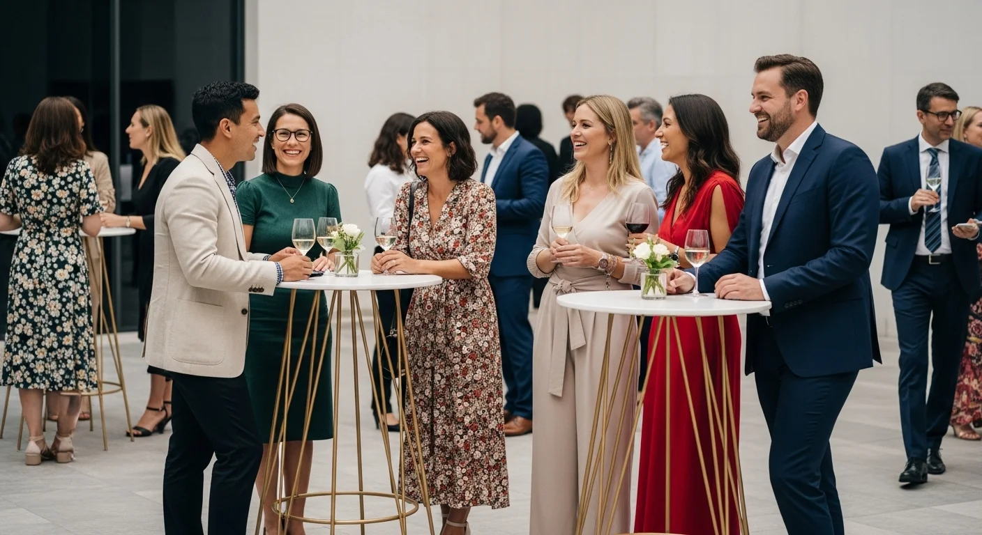 Grupo de personas socializando alrededor de mesas altas tipo periquera en un evento social elegante.