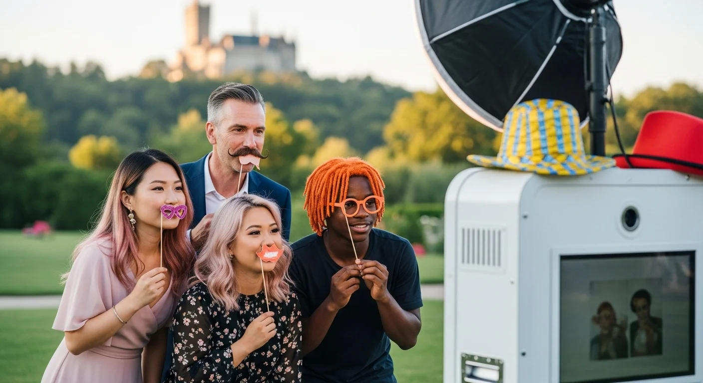 Grupo de amigos sonriendo y usando atrezzo divertido en un photo booth de aire libre durante una fiesta de boda con un fondo brillante.