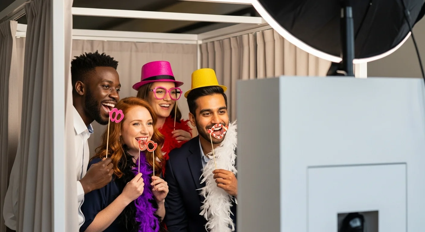 Un grupo de amigos sonriendo y usando props divertidos mientras posan en un photo booth abierto durante una fiesta.