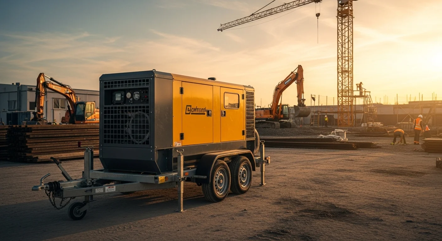 Una planta de luz industrial de color amarillo y gris, montada sobre un remolque, operando en una zona de construcción al atardecer.