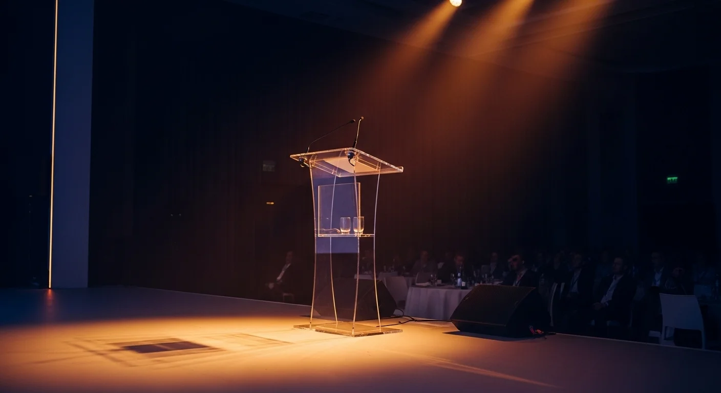 Moderno podium de acrílico transparente en alquiler, ubicado en el centro de un escenario durante una conferencia corporativa con luces profesionales.