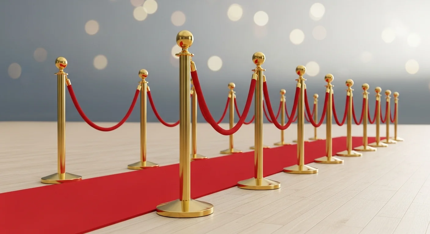 Postes delimitadores dorados con cordón de terciopelo rojo organizando la entrada en una alfombra roja para un evento de gala.