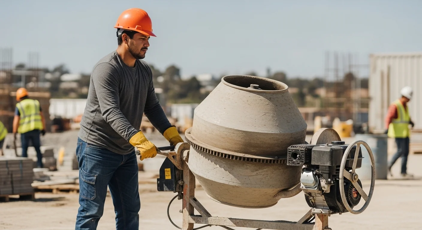 Trabajador de la construcción operando una revolvedora de concreto a gasolina de un saco en una obra, mostrando el alquiler de maquinaria ligera.