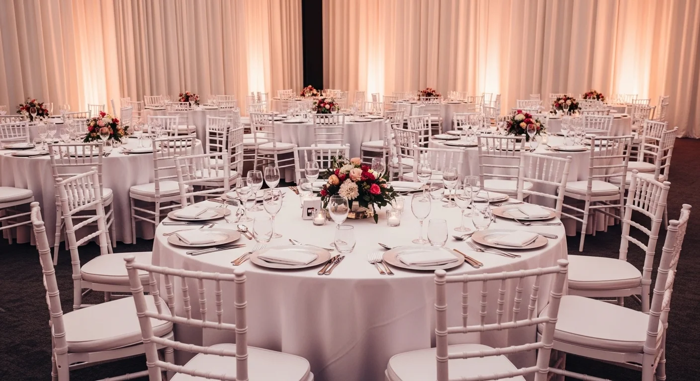 Una elegante recepción de boda con mesas redondas y sillas Tiffany blancas con cojines acojinados, listas para los invitados.