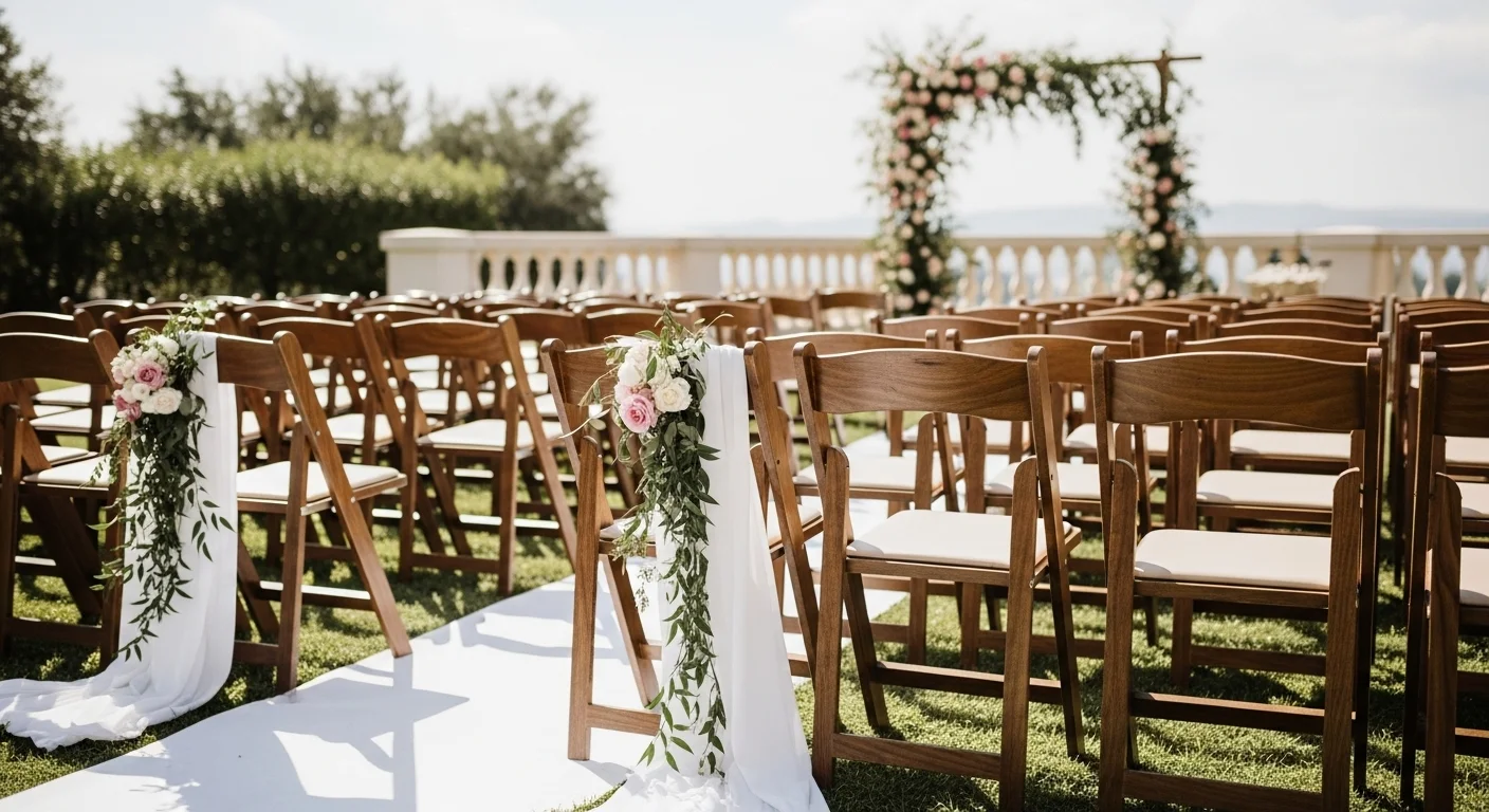 Ceremonia de boda al aire libre con hileras de sillas plegables de madera color nogal, adornadas con tela blanca y vegetación, frente a un arco floral.