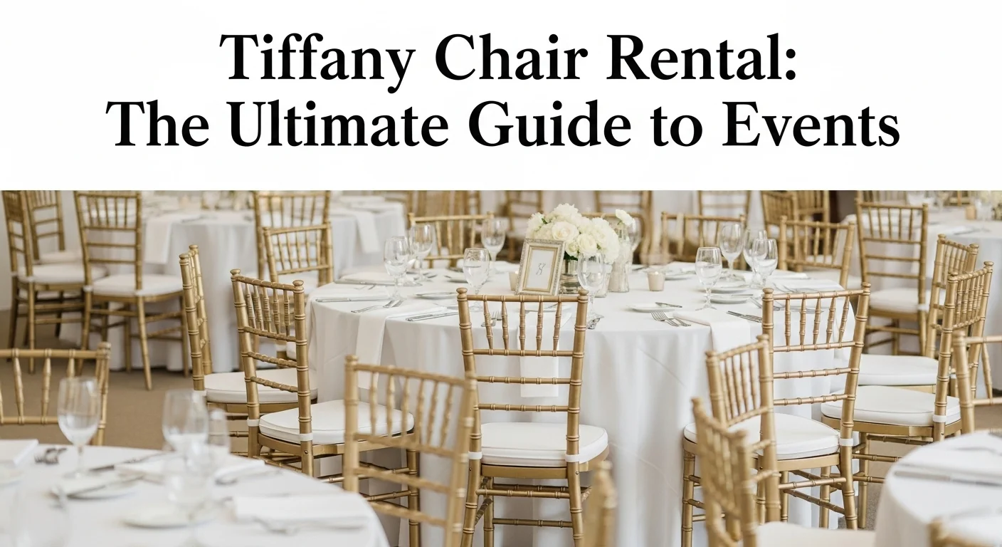 Una elegante recepción de boda con mesas redondas y sillas Tiffany doradas con cojines blancos, listas para los invitados.