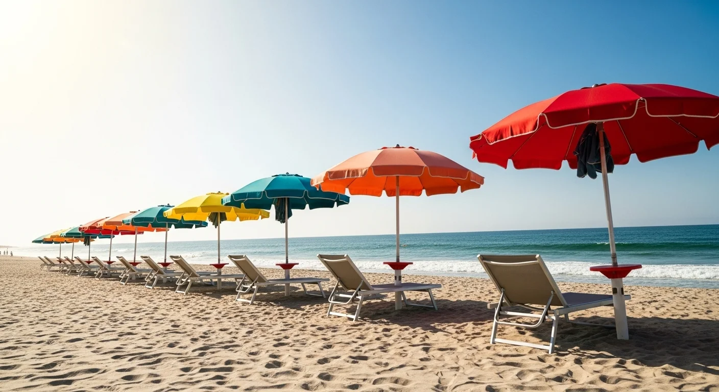 Fila de sombrillas y sillas de playa de colores brillantes rentadas en una playa de arena con el océano al fondo.