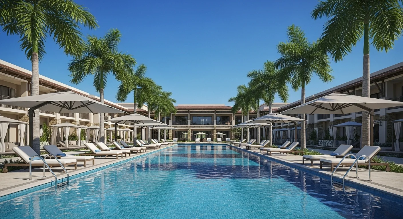 Vista de una piscina en un resort de lujo, ideal para una renta de tiempo compartido.