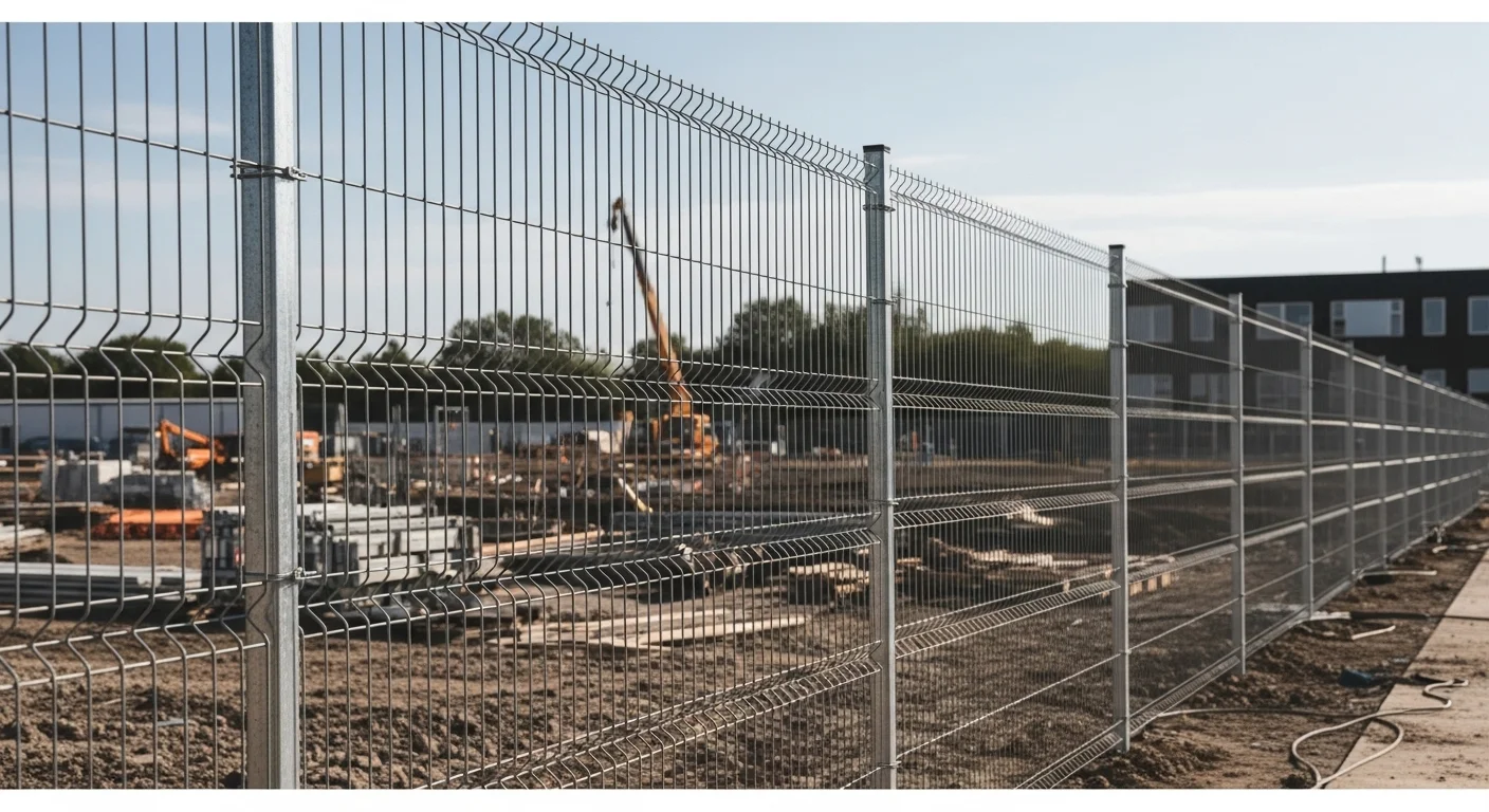 Instalación de vallas heavy duty de malla electrosoldada en el perímetro de una obra en construcción, mostrando su robustez y función de seguridad.