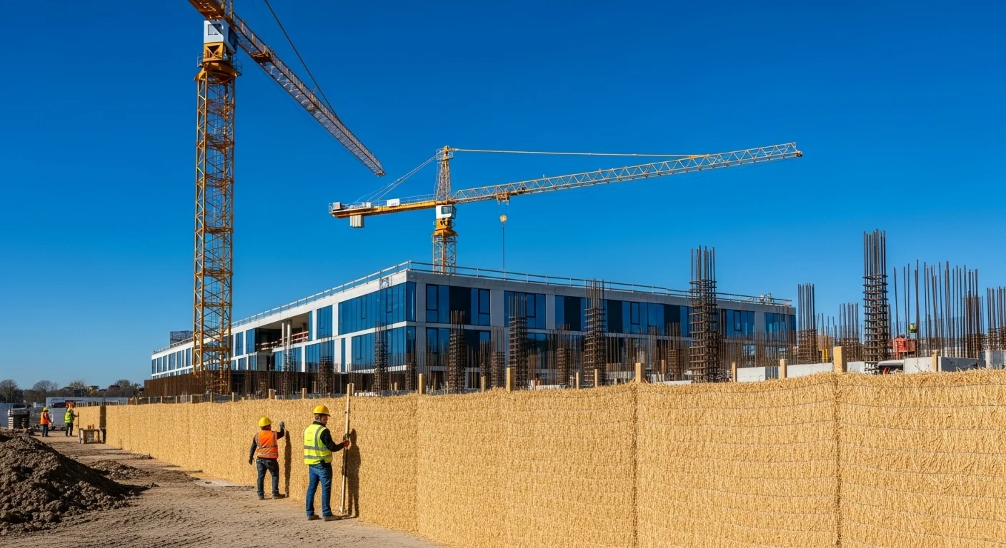 Valla de popotillo instalada delimitando el perímetro de una obra en construcción, mostrando su función de privacidad y seguridad.