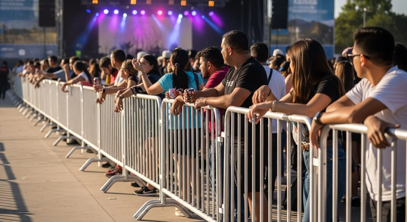 Vallas de popotillo metálicas instaladas en fila para controlar una multitud durante un concierto al aire libre.