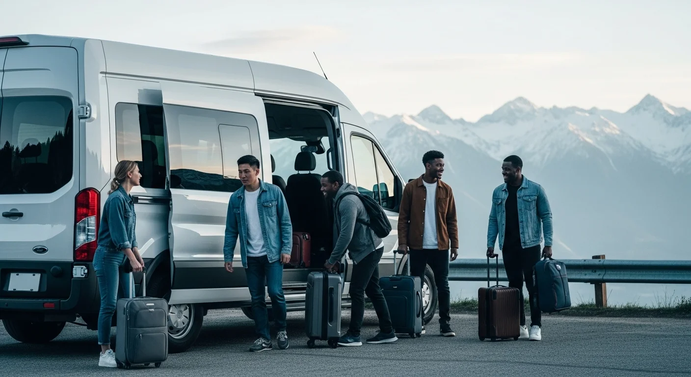 Una van de pasajeros moderna, tipo Ford Transit, estacionada en un mirador panorámico con un grupo de amigos felices descargando equipaje.