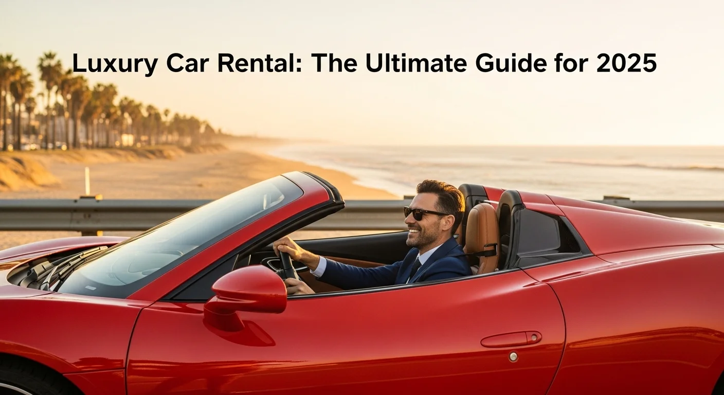 Hombre sonriente al volante de un superdeportivo convertible rojo en una carretera costera al atardecer.