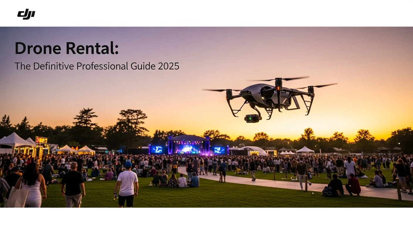 Dron profesional DJI Inspire 3 sobrevolando un evento al atardecer, capturando imágenes cinematográficas de alta calidad.