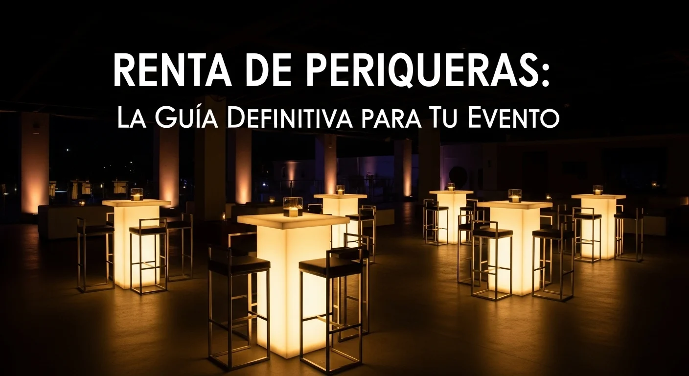 Una elegante zona lounge en un evento nocturno con mesas periqueras altas iluminadas y taburetes modernos, creando un ambiente sofisticado.