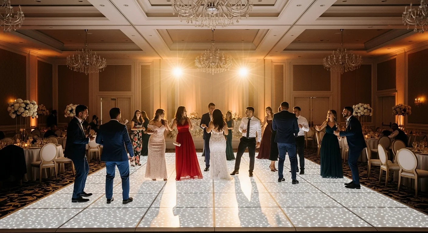 Pista de baile modular de tipo LED infinita instalada en una elegante recepción de boda, creando un efecto de profundidad 3D.