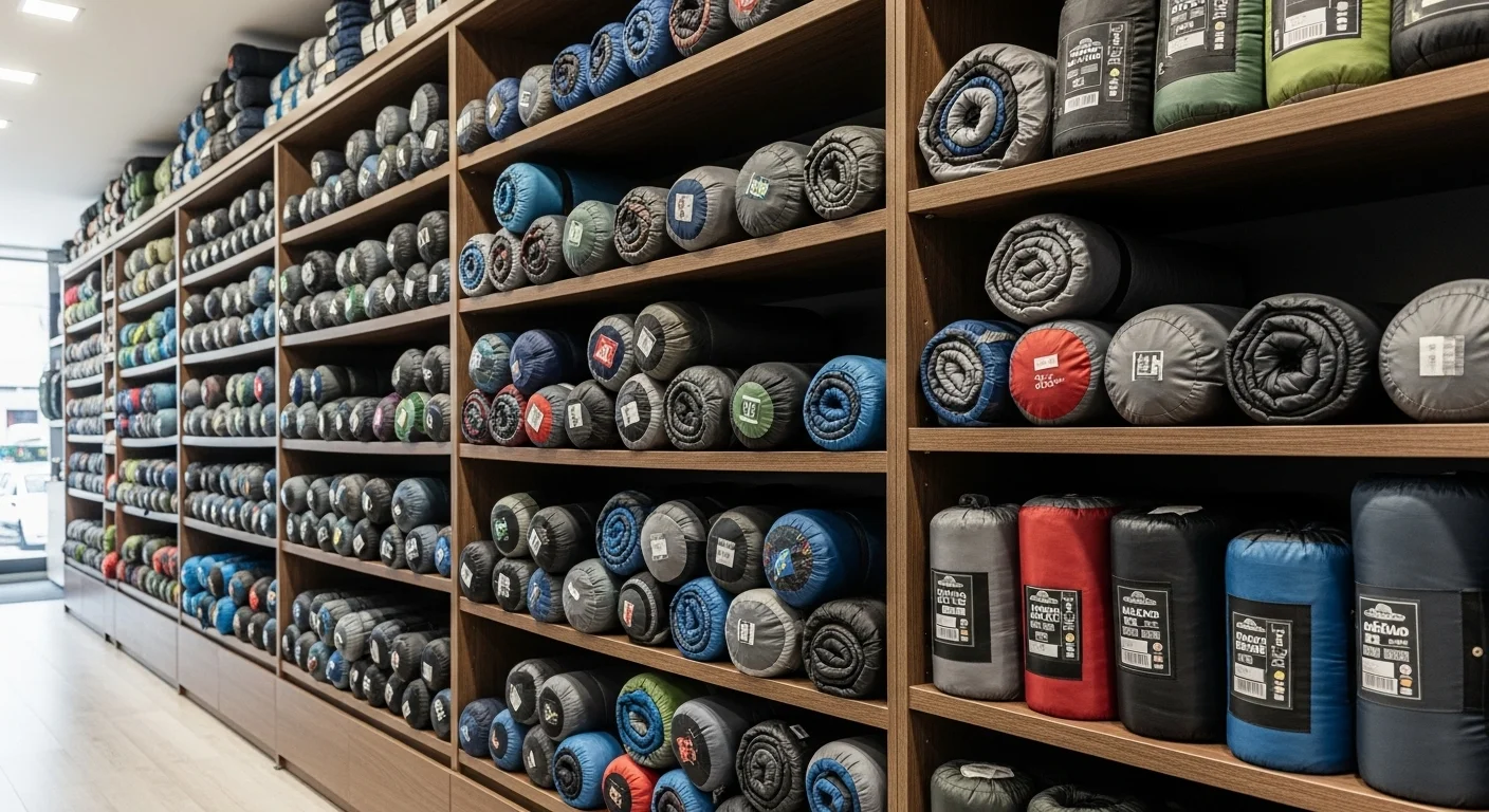 Estanterías con varios tipos de sacos de dormir enrollados y listos para ser alquilados en un negocio especializado.