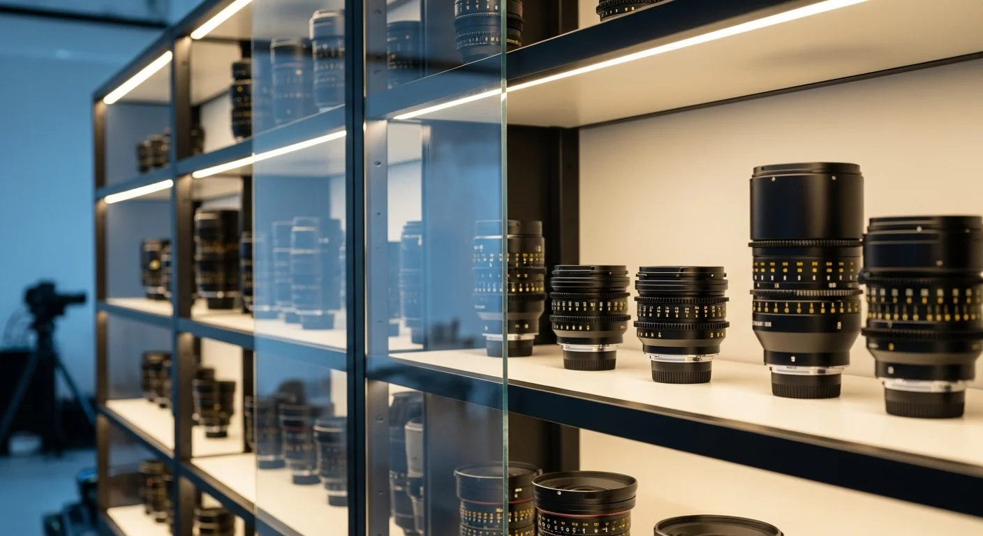 Una selección de lentes de cine de alta gama exhibidos en estantes iluminados en una casa de alquiler de equipo.