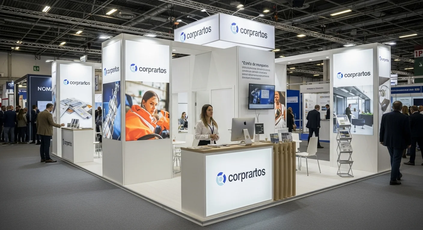 Stand corporativo en una feria comercial concurrida, utilizando mamparas personalizadas con gráficos de marca y un mostrador de recepción.