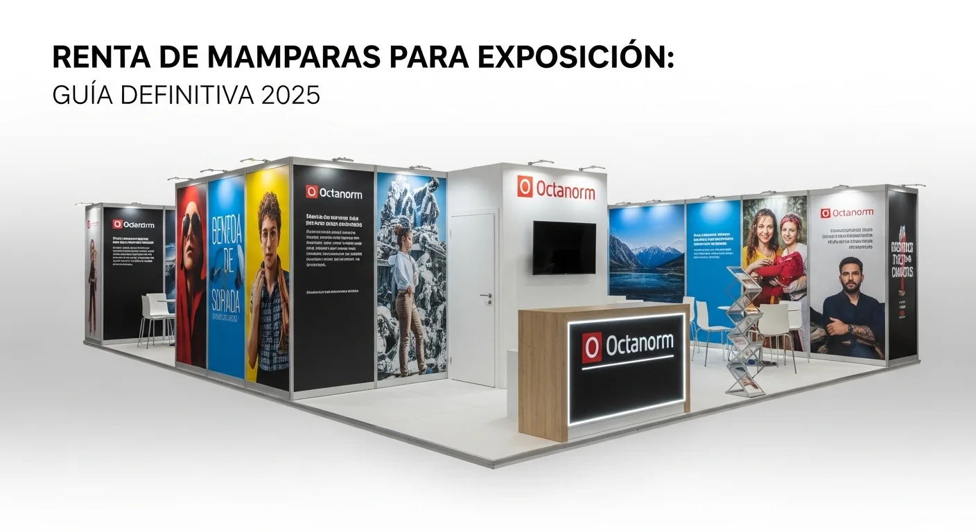 Stand modular para feria comercial construido con mamparas de sistema octanorm y gráficos impresos, con mostrador e iluminación.