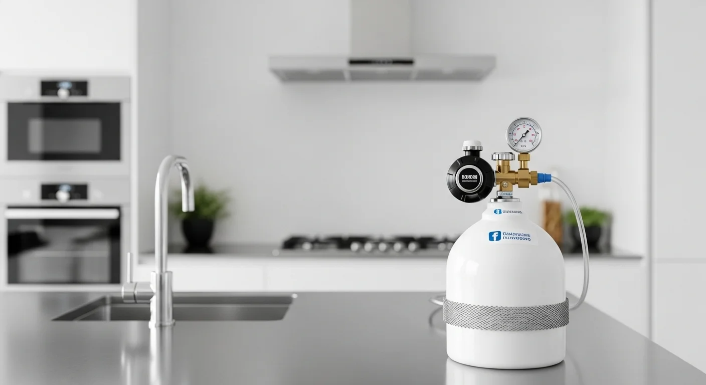 Tanque de oxígeno medicinal blanco con regulador y manómetro instalado, listo para su uso en un entorno doméstico.