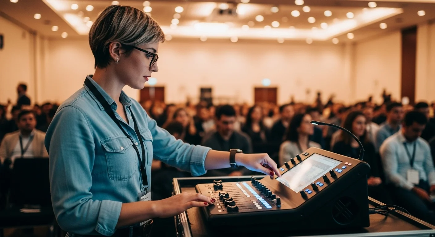 Técnico de sonido profesional ajustando los niveles en una mezcladora digital durante una conferencia concurrida.