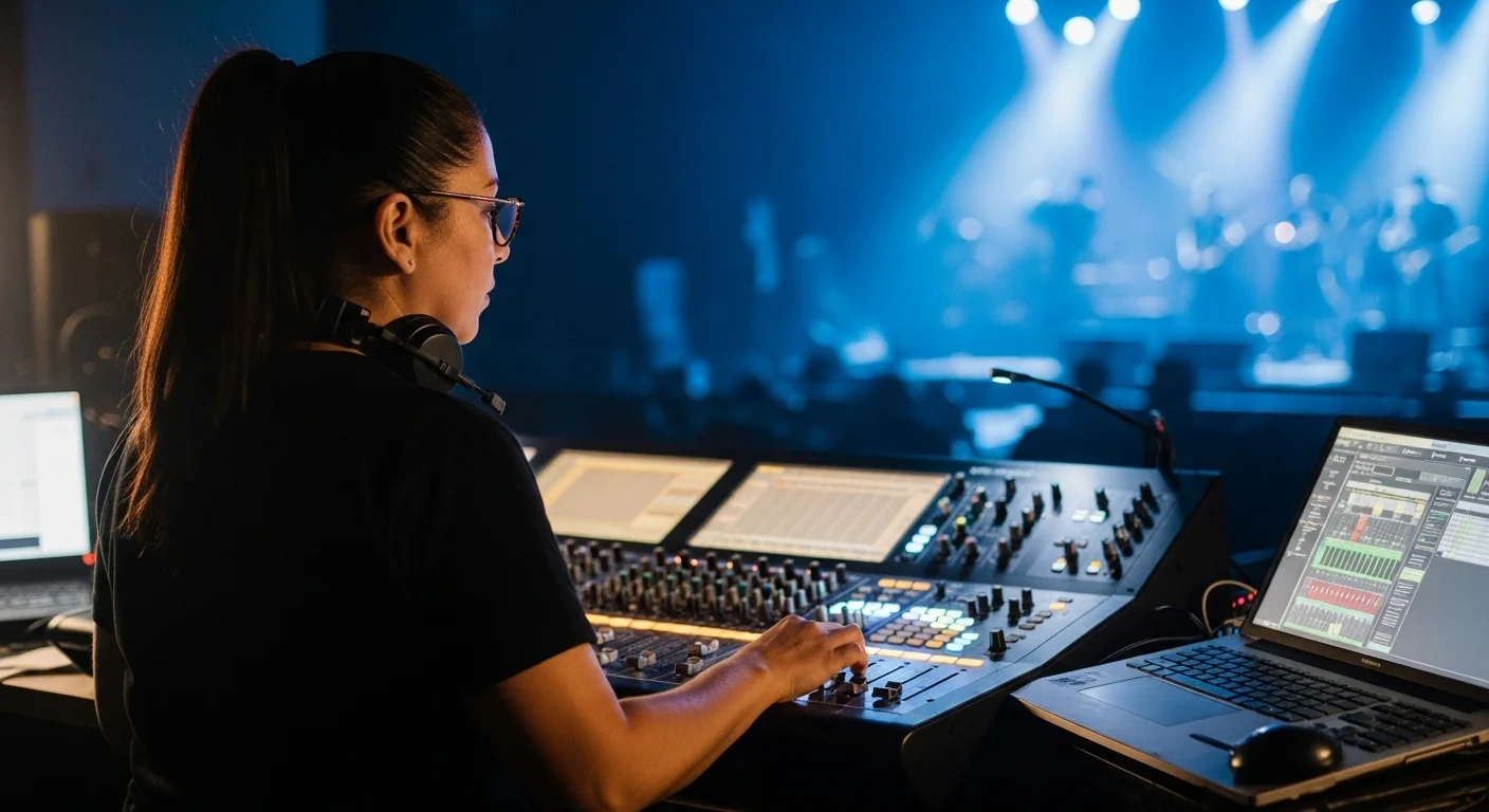 Tecnico ajustando consola de mezclas para monitoreo profesional en evento