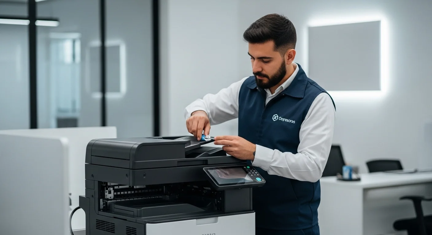 Un técnico especializado realizando mantenimiento preventivo a una impresora multifuncional, destacando el servicio incluido en la renta.
