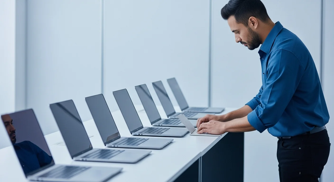 Un técnico de TI configurando varias laptops idénticas alineadas en una mesa, preparándolas para un evento corporativo a través de un servicio de renta.