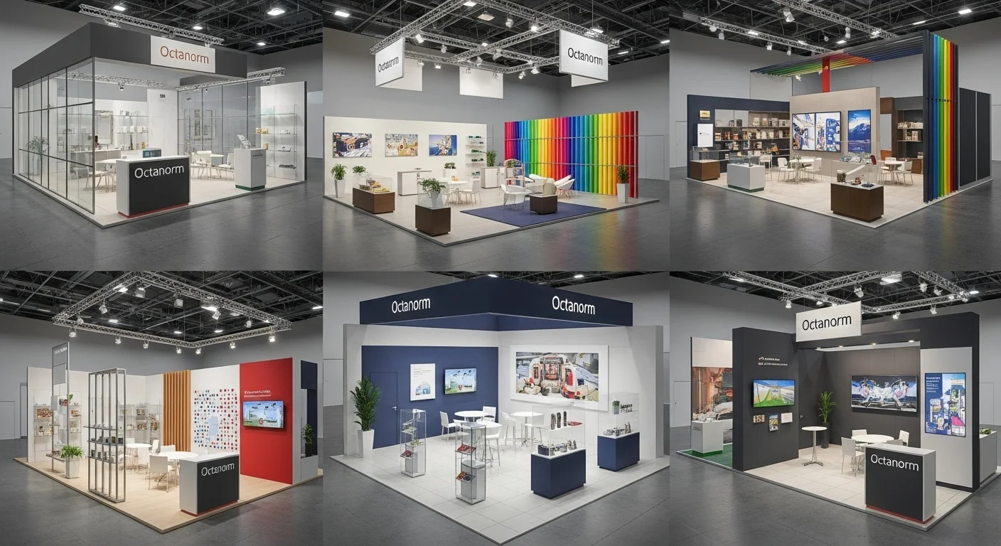 Ejemplo de varios tipos de mamparas modulares sistema octanorm, mostrando su versatilidad para crear diferentes configuraciones de stands para ferias.