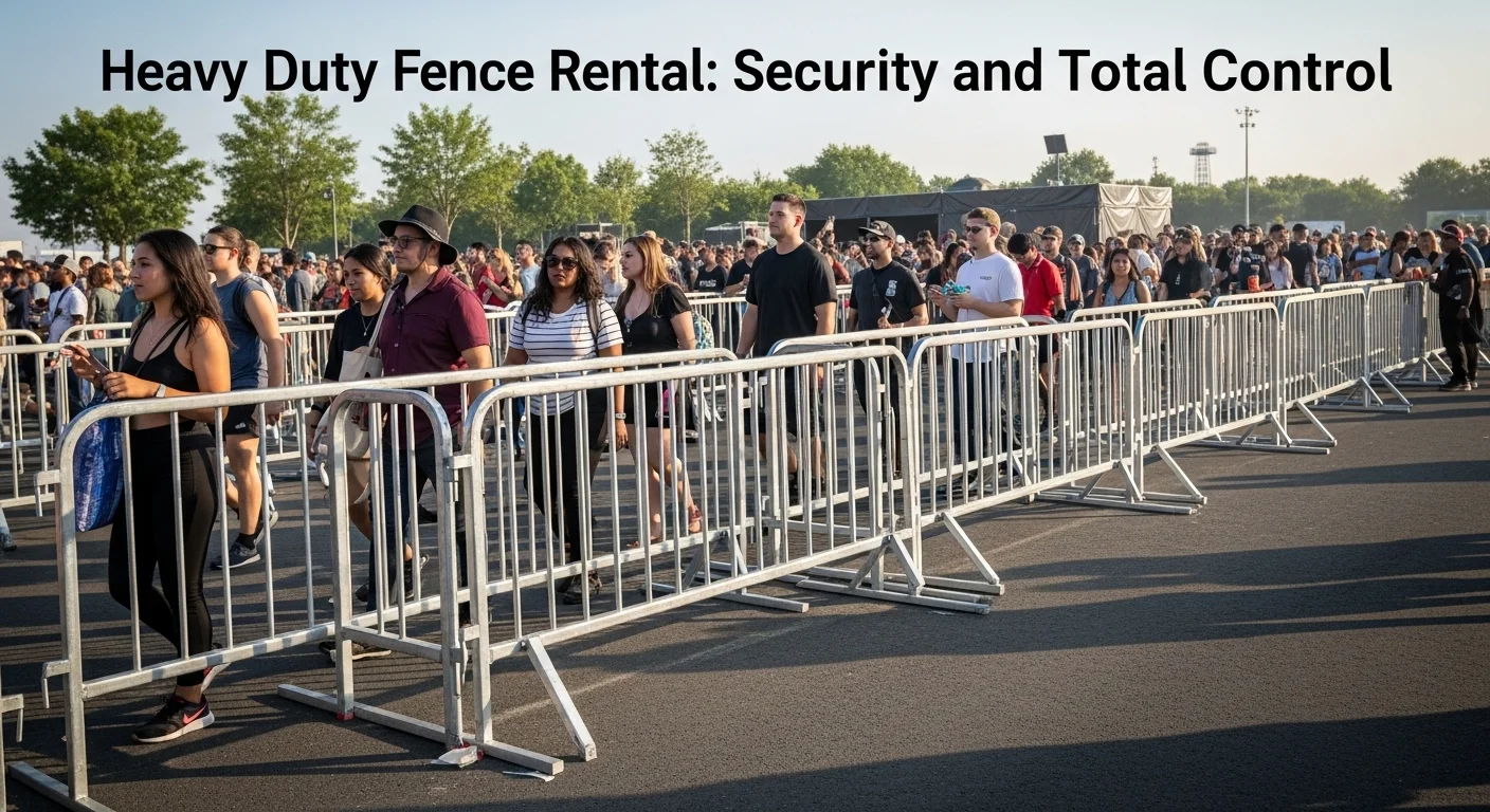 Línea de barricadas de acero heavy duty interconectadas gestionando el flujo de personas en la entrada de un concierto masivo.