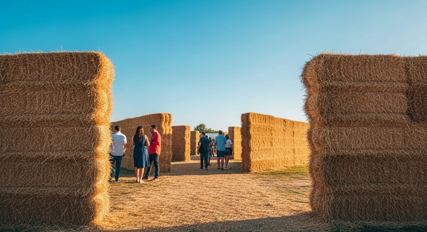 Vallas de popotillo utilizadas como fondo decorativo y para delimitar áreas en un evento al aire libre.
