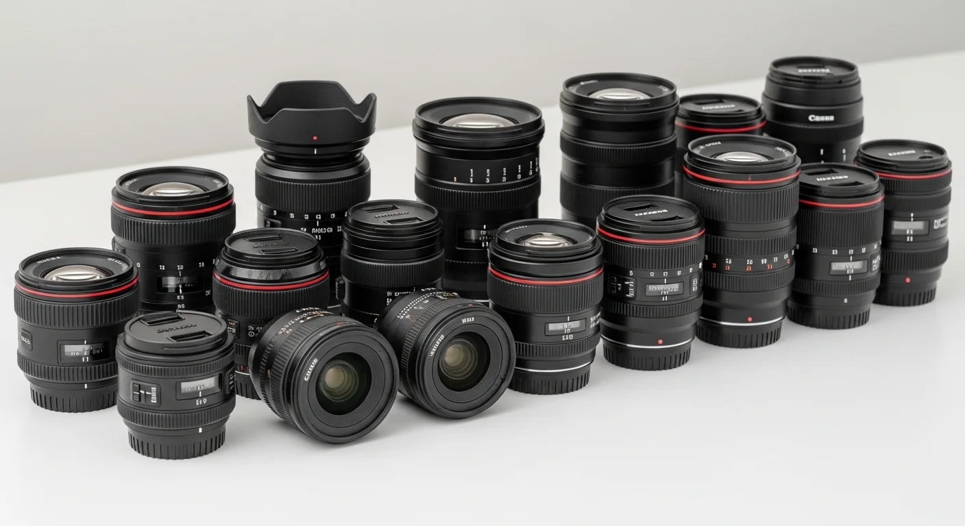 Una selección de lentes de cámara de diferentes marcas y tamaños disponibles para renta, mostrando la diversidad de opciones.