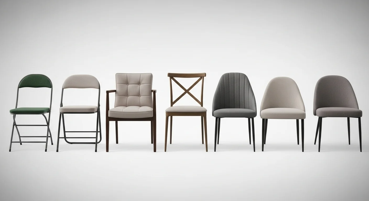 Una fila de diferentes estilos de sillas acojinadas para alquiler, incluyendo plegables, cross-back y avant garde, mostrando la variedad disponible.