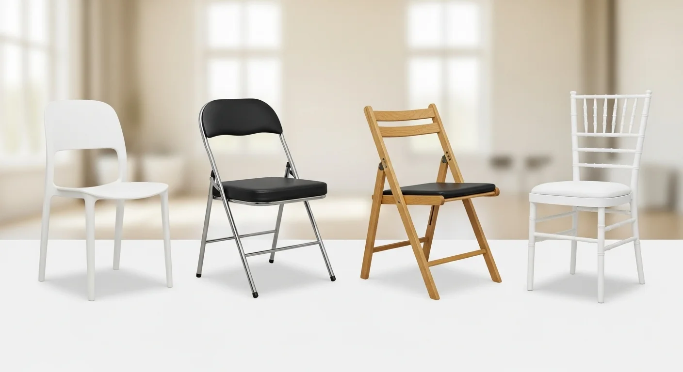 Exhibición de cuatro tipos diferentes de sillas plegables para alquilar: una de resina blanca, una metálica acojinada negra, una de madera natural y una silla Tiffany blanca.