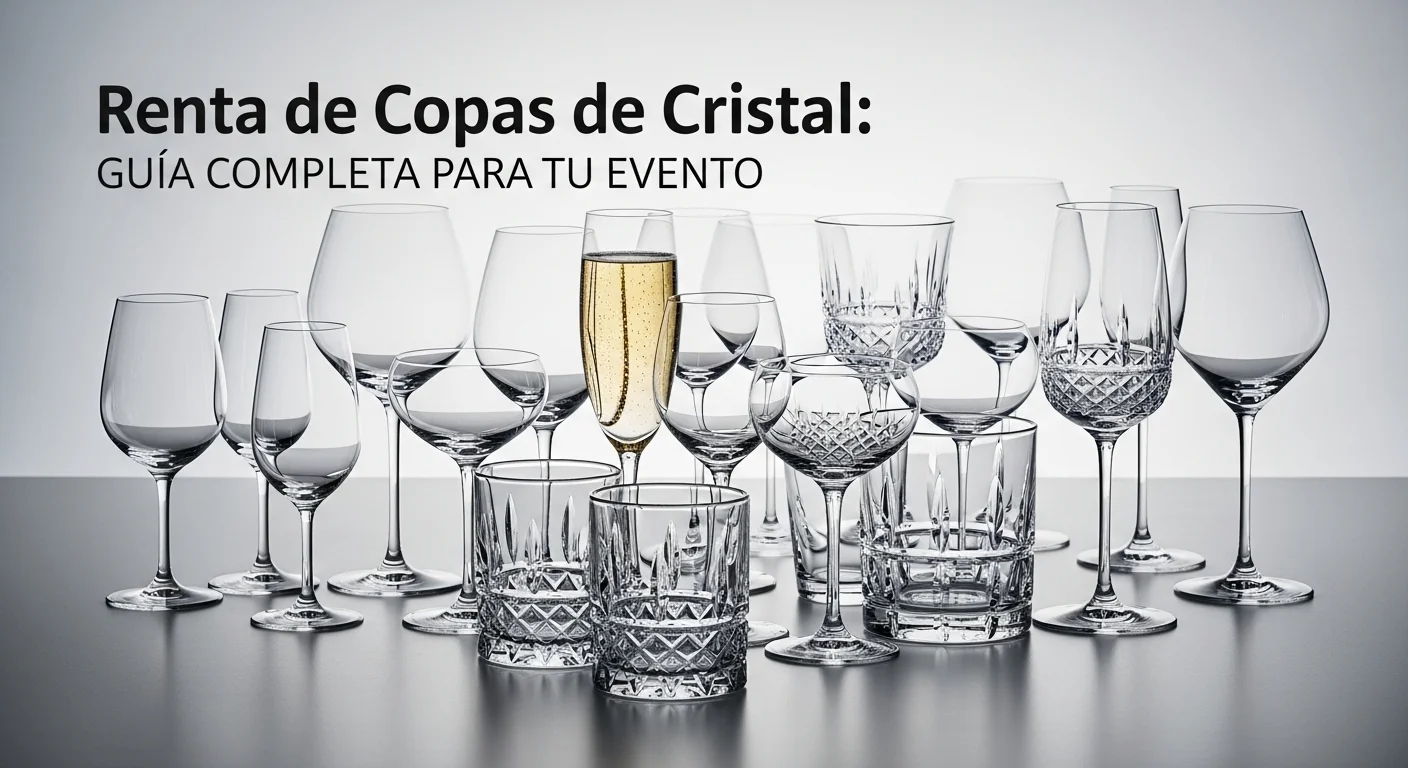 Colección de diferentes tipos de copas de cristal, incluyendo copas de vino, flautas de champán y copas de cóctel, disponibles para renta.