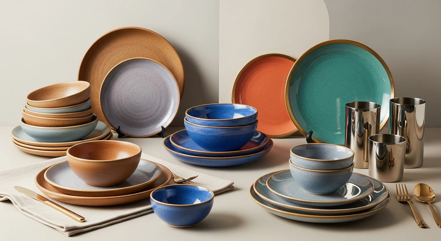 Colección de diferentes estilos de vajillas disponibles para renta, mostrando platos de cerámica artesanal, loza de colores y piezas con bordes metálicos.